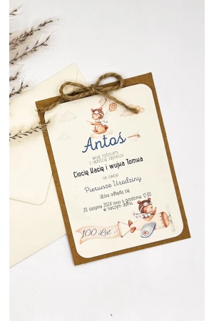 Zaproszenie na Urodziny – Miś Lotnik | Personalizowane 10×15 cm + Koperta Kremowa