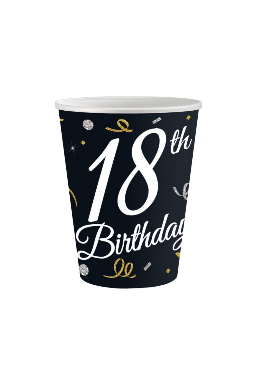 Czarny kubek urodzinowy z napisem '18th Birthday' ozdobiony złotymi i srebrnymi konfetti oraz serpentynami