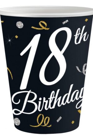 Czarny kubek urodzinowy z napisem '18th Birthday' ozdobiony złotymi i srebrnymi konfetti oraz serpentynami