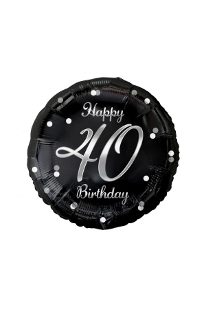 Balon foliowy Happy 40 Birthday, czarny, nadruk srebrny, 18 AA