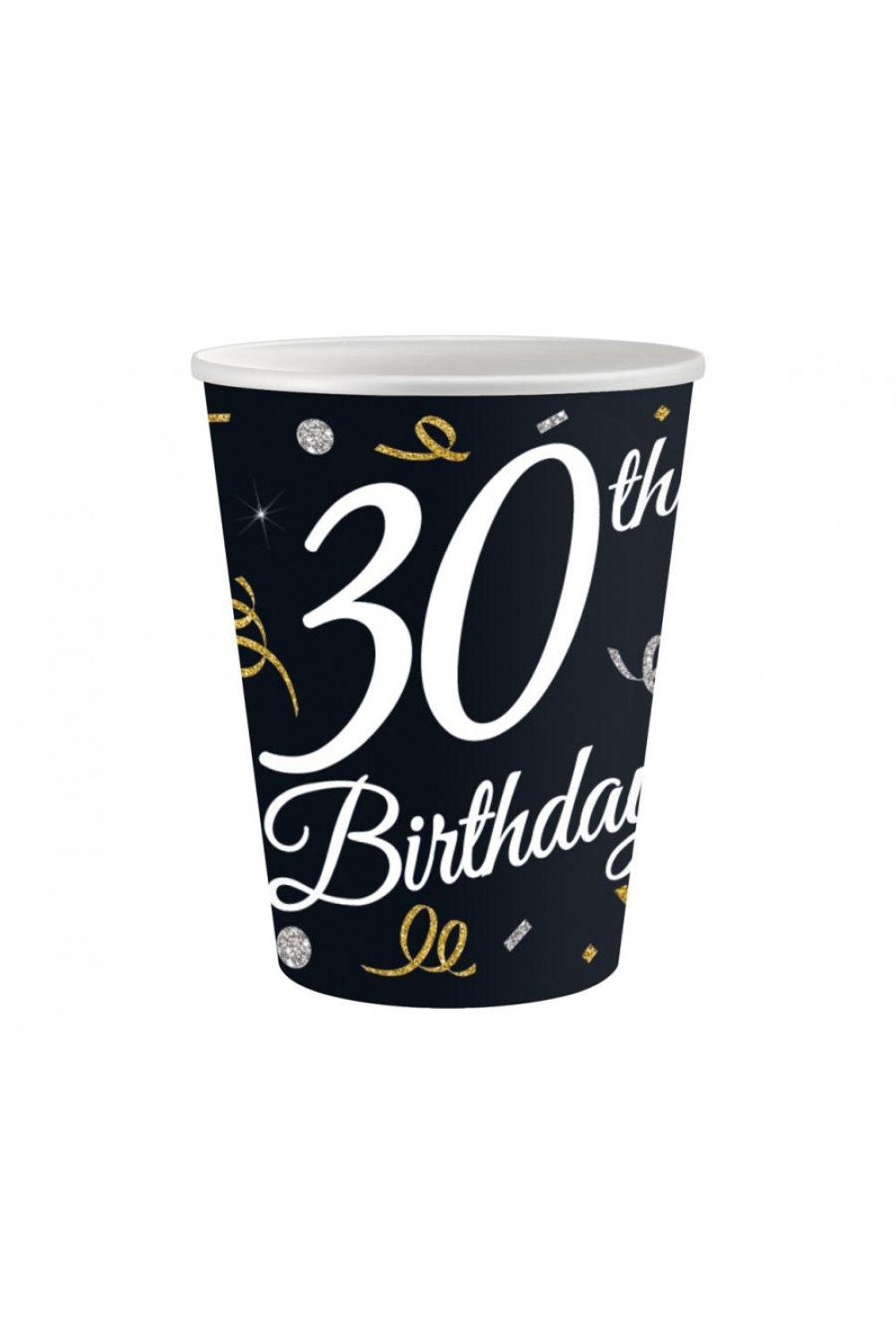 Kubek papierowy z czarnym tłem ozdobiony złotymi i srebrnymi konfetti oraz napisem "30th Birthday" w białej czcionce