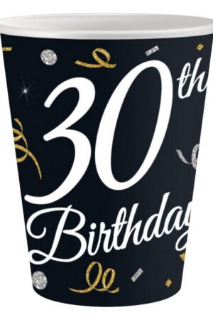 Kubek papierowy z czarnym tłem ozdobiony złotymi i srebrnymi konfetti oraz napisem "30th Birthday" w białej czcionce