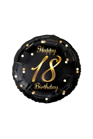 Balon foliowy Happy 18 Birthday, czarny, nadruk złoty, 18 cali AA