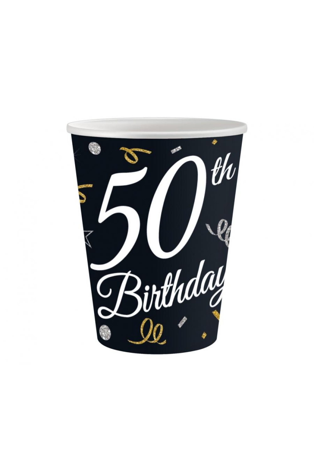 Czarny papierowy kubek z napisem 50th Birthday oraz złoto-srebrnymi confetti i serpentynami