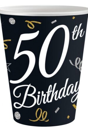 Czarny papierowy kubek z napisem 50th Birthday oraz złoto-srebrnymi confetti i serpentynami