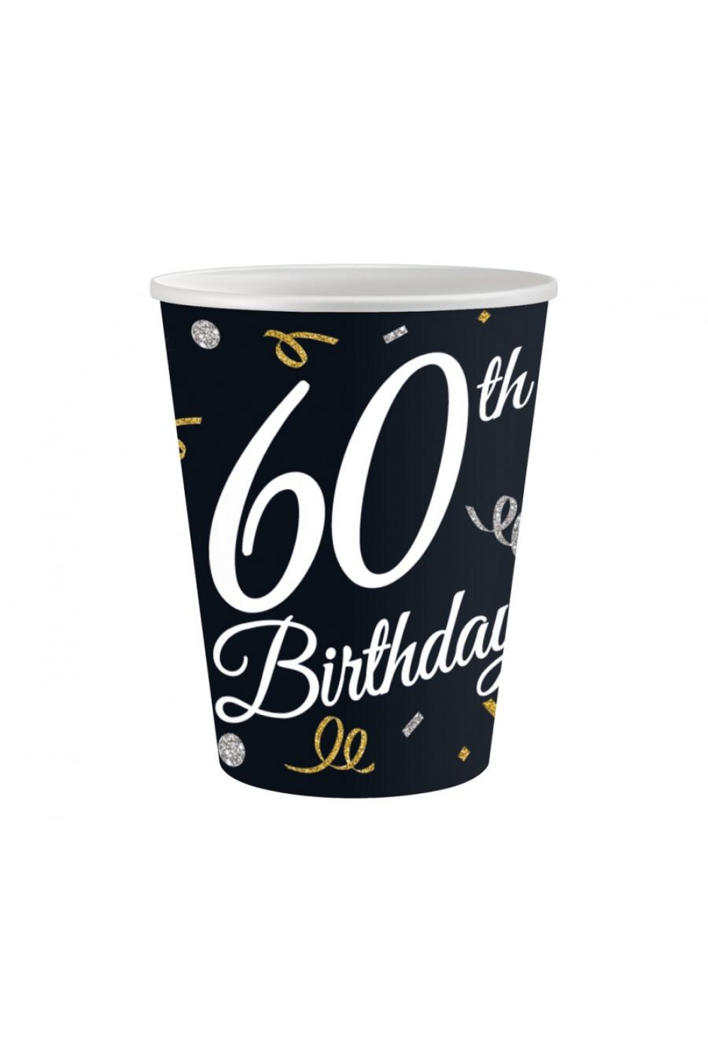 Papierowy kubek na przyjęcie urodzinowe z napisem "60th Birthday" na czarnym tle ozdobionym złotymi i srebrnymi konfetti