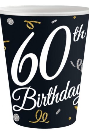 Papierowy kubek na przyjęcie urodzinowe z napisem "60th Birthday" na czarnym tle ozdobionym złotymi i srebrnymi konfetti