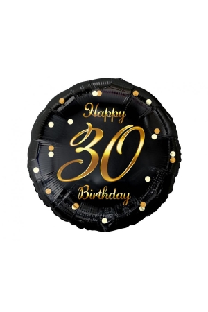 Balon foliowy Happy 30 Birthday, czarny, nadruk złoty, 18 cali AA