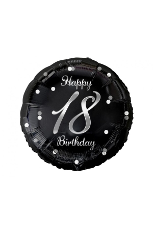 Balon foliowy Happy 18 Birthday, czarny, nadruk srebrny, 18 AA