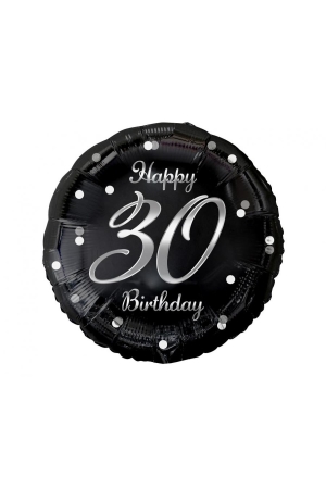 Balon foliowy Happy 30 Birthday, czarny, nadruk srebrny, 18 AA
