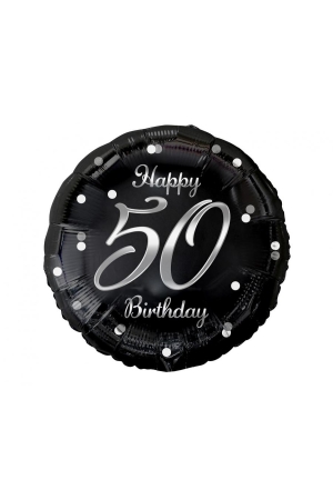 Balon foliowy Happy 50 Birthday, czarny, nadruk srebrny, 18 AA
