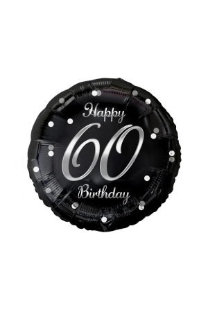 Balon foliowy Happy 60 Birthday, czarny, nadruk srebrny, 18 KK