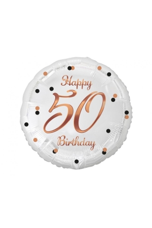Balon foliowy Happy 50 Birthday, biały, nadruk różowo-złoty, 18 cali AA