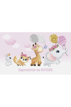 Zaproszenia na Roczek (1. urodziny) • Dziewczynka, Słonie, Zwierzęta, Żyrafy (160×95 mm) – zestaw 10 szt.