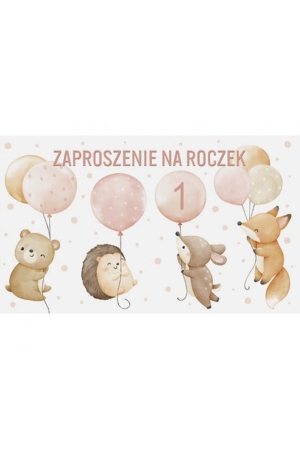 Zaproszenia na Roczek (1. urodziny) • Dziewczynka, Zwierzęta (160×95 mm) – zestaw 10 szt.
