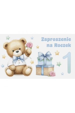 Zaproszenia na Roczek (1. urodziny) • Chłopiec, Misie (160×95 mm) – zestaw 10 szt.