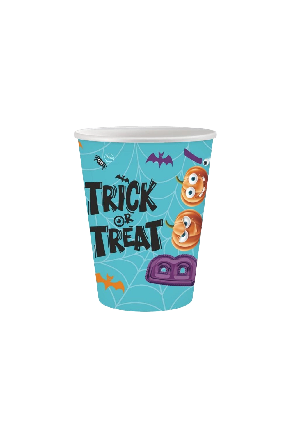 Papierowy kubek z niebieskim tłem ozdobiony wzorem pajęczyny, napisem "Trick or Treat", pomarańczowymi dyniami z oczami, nietoperzami i pająkiem.