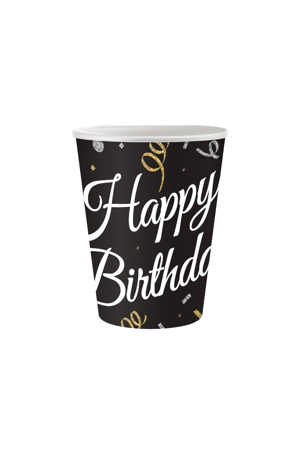 czarny papierowy kubek z napisem "Happy Birthday" w białej ozdobnej czcionce oraz dekoracjami w postaci złotych i srebrnych konfetti