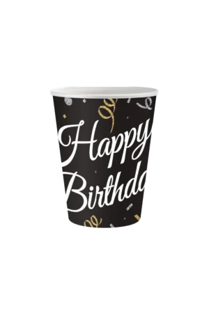 czarny papierowy kubek z napisem "Happy Birthday" w białej ozdobnej czcionce oraz dekoracjami w postaci złotych i srebrnych konfetti