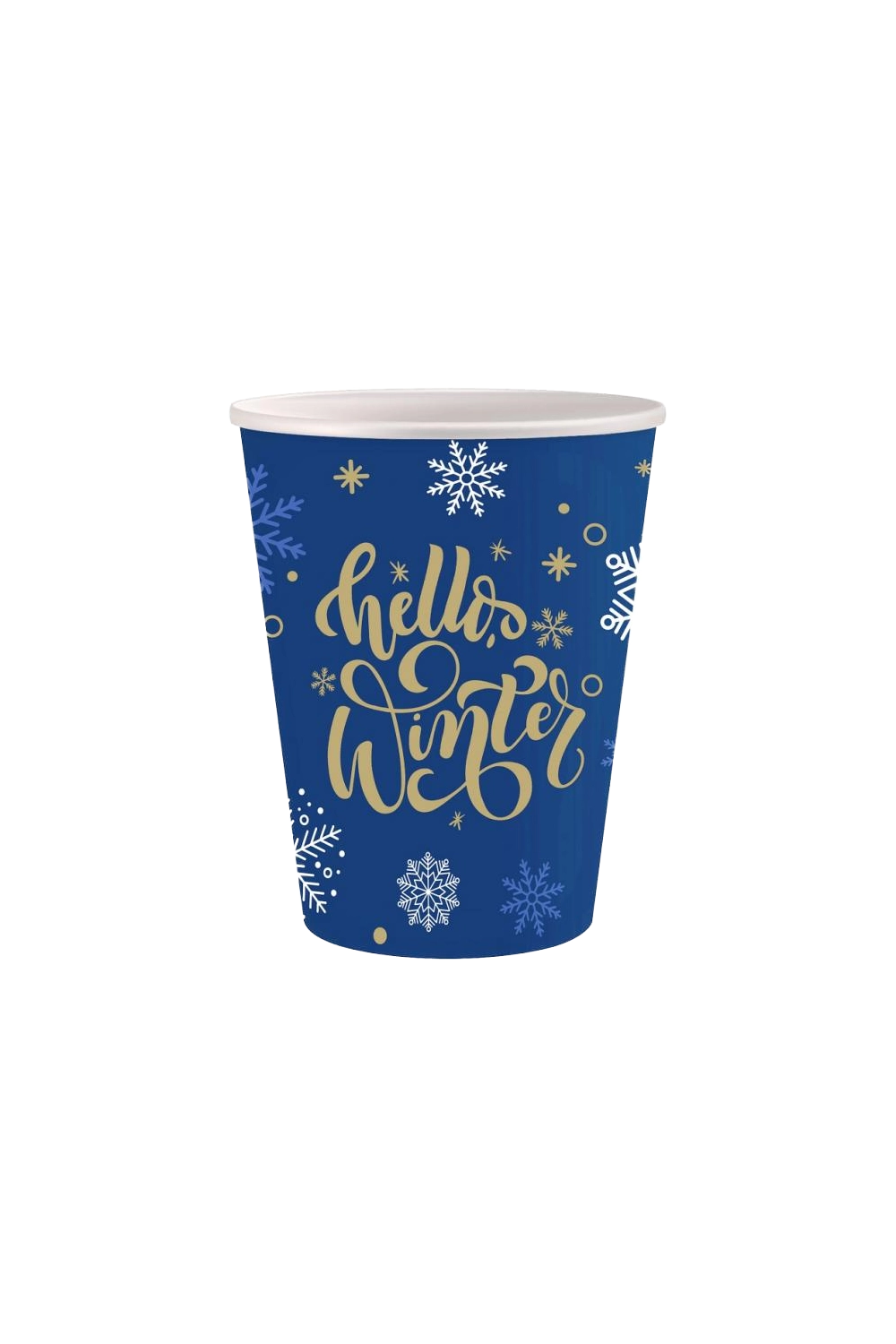 niebieski papierowy kubek z napisem "hello winter" w stylizowanej złotej czcionce, ozdobiony białymi i jasnoniebieskimi płatkami śniegu oraz złotymi gwiazdkami