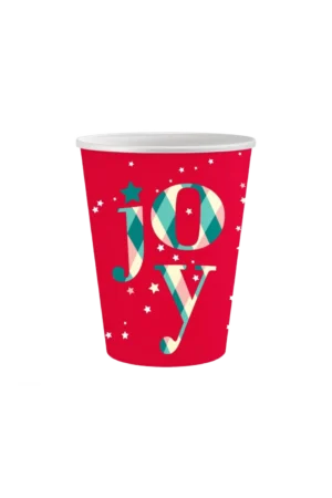 czerwony kubek papierowy z napisami joy w kolorach zielonym, kremowym i różowym oraz białymi gwiazdkami dookoła