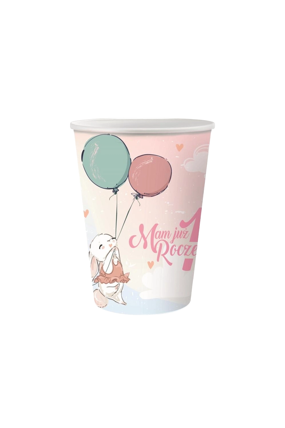 Kubek papierowy z ilustracją białego królika w różowej sukience trzymającego zielony i różowy balon oraz napisem "Mam już 1 Roczek" na jasnoróżowym tle z serduszkami i chmurkami.