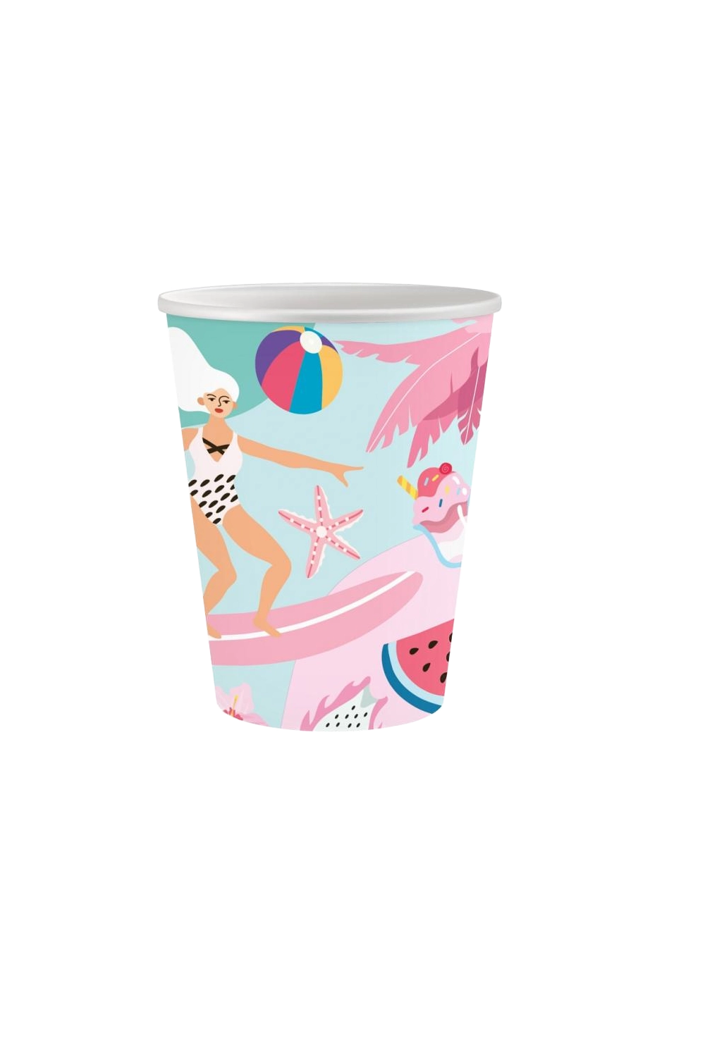Kolorowy kubek papierowy z ilustracją kobiety na fali surfingowej, piłki plażowej, rozgwiazdy, różowych liści palmowych i plasterka arbuza na jasnoniebieskim tle.